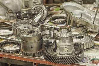 Diassembled transmission on a workbench for a rebuild